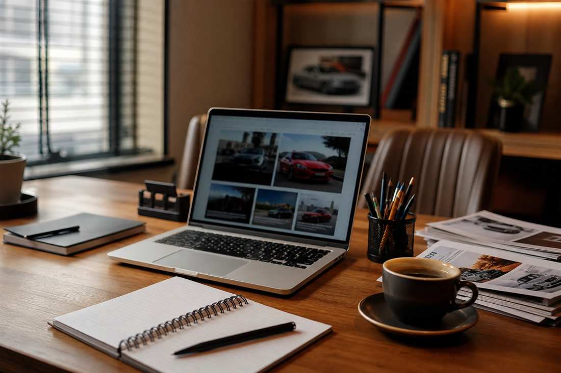 Mesa de trabalho com documentos e notebook para produção editorial